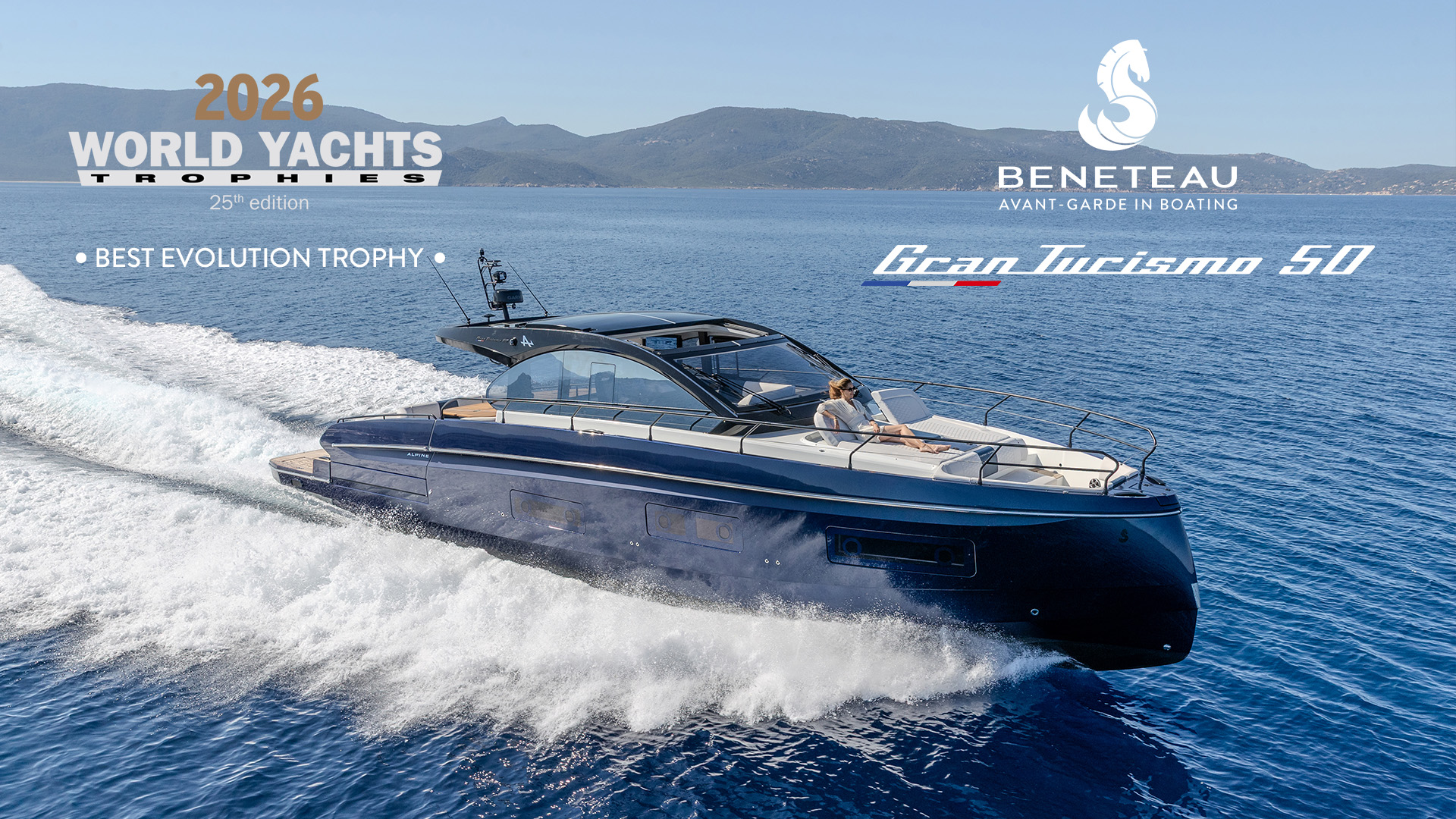 Gran Turismo 50 won the Best Exterior Design (14–18m) award at the 2026 World Yachts Trophies